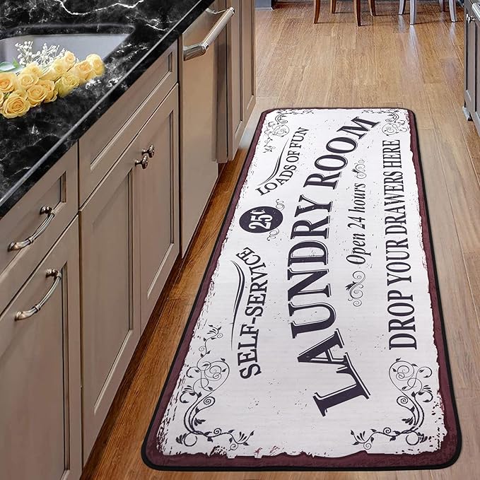 Laundry Room Long Mat Area Rug Non-Slip Floor Mat Waterproof Farmhouse Carpet for Kitchen 40" x 20"(White-1)