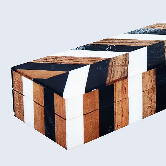 Handicrafts Home Slim Decorative Storage Box with Lid Wooden Entryway Organizer Key Holder Box for Hallway Console Table â Natural Wood Resin Inlay Marquet Cosmo Collection- 10x2.5x1.5