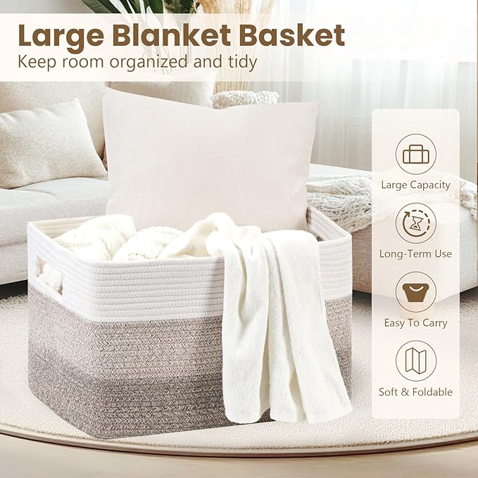 95L Blanket Basket, Large Woven Baskets for Storage, Blanket Storage for Living Room, Rope Basket with Handles for Bedroom, Nursery, Toys, Clothes, 24â x 17â x 13.5â, White & Brown