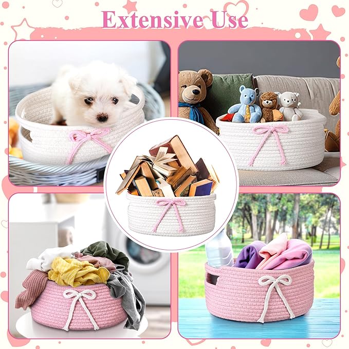 Breling 3 Pieces Pink Bow Baskets Coquette Bow Cotton Rope Storage Basket Pink Woven Gift Baskets Laundry Hamper Rope Bin with Handles for Decoration Organization Storage for Nursery, Pet Toy Basket
