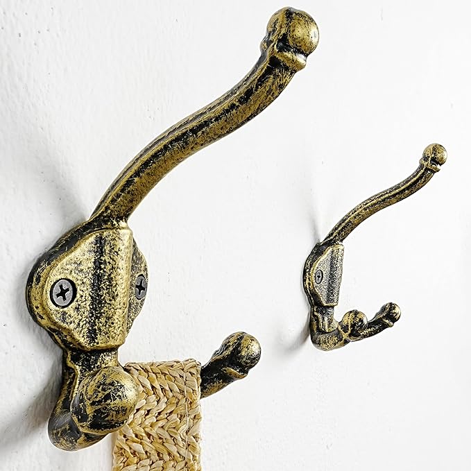 Dseap Cast Iron Wall Hooks L=5”, Heavy Duty Coat Hooks, Rustic Vintage Farmhouse Hook for Hanging Winter Coats Jackets Towels Hats Bags Plants, Antique Black& Gold, Pack of 10 (GripBold)