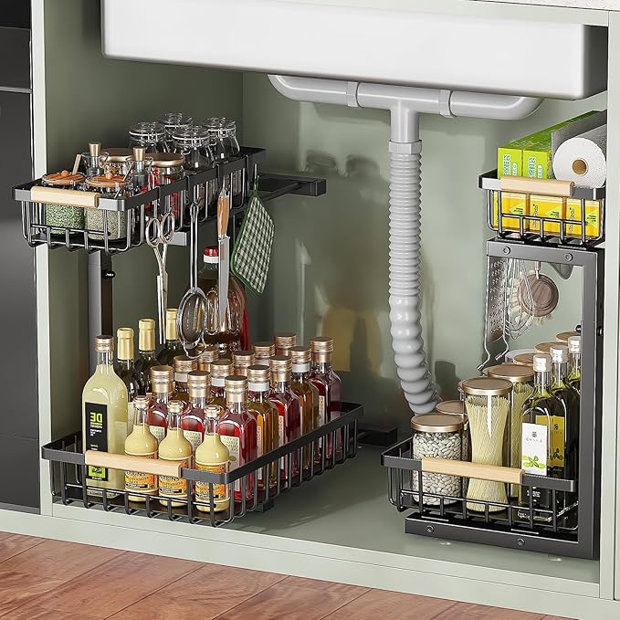 2 Pack Under Sink Organizer and Storage, Under Sink Storage for Kitchen Bathroom Cabinet, Double Pull-out Design, Height Adjustable