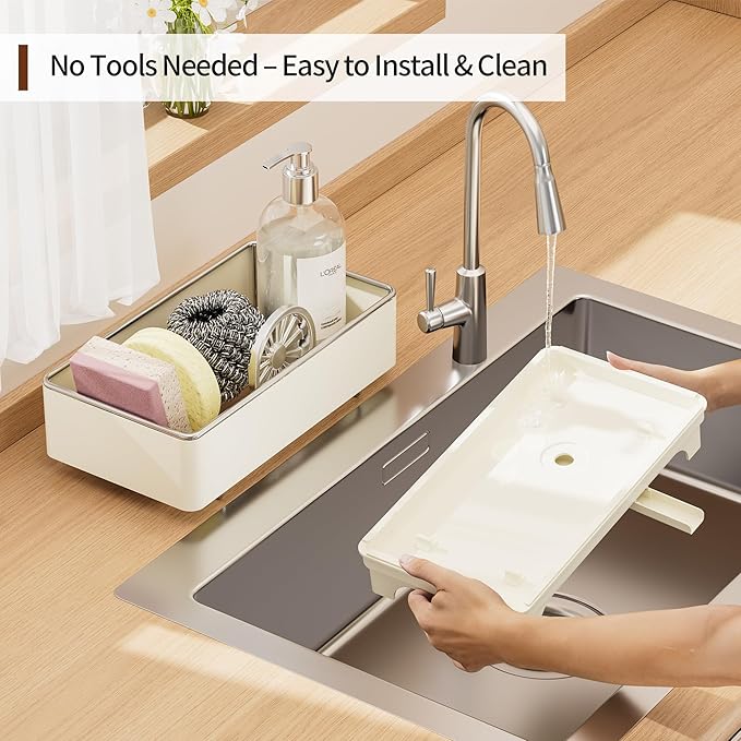 Sponge Holder for Kitchen Sink – Rustproof Stainless Steel, 360° Rotating Drain Pipe, Large Counter Organizer with Drip Tray for Sponges, Brushes & Dish Cloths Off-white