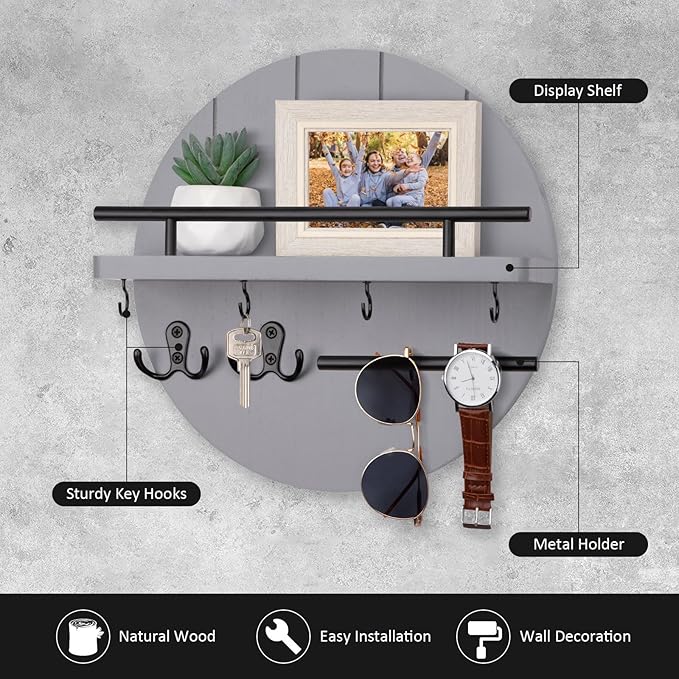 Nekon Key Holder Wall Mount, 11.8 Inch Key Rack with Shelf and 6 Key Hooks, Rustic Key and Mail Organizer, Circular Wooden Key Hanger for Entryway Hallway Kitchen (Gray)