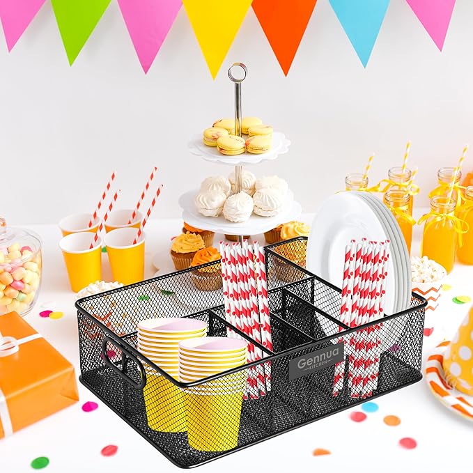 Paper Plate Organizer for Cabinet, Counter, Picnics, Parties & More, Extra Large Utensil Caddy Crafted of Thick Iron Mesh With 6 Compartments for Paper Plates & Plastic Silverware