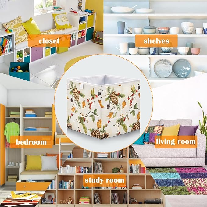 Bolaz Autumn Leaves Pine Cones Closet Organizers Storage Cubes Storage Bins Shelf Baskets Containers for Home Room Office,Rectangle