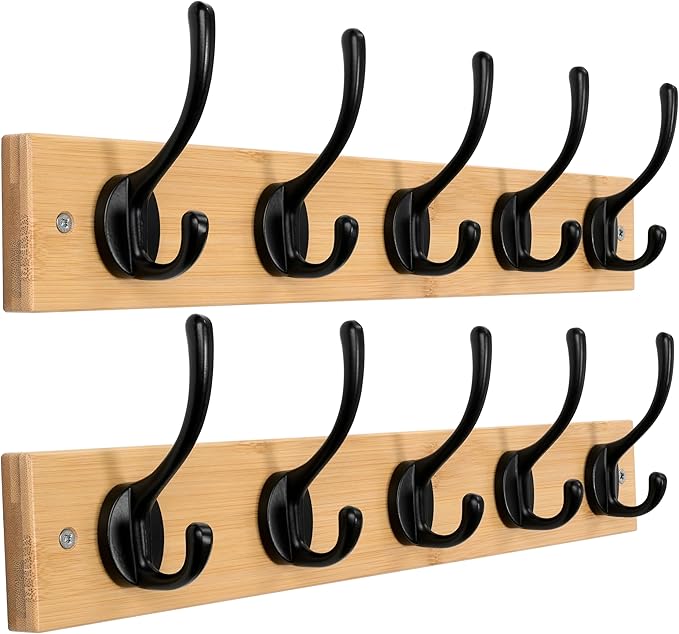 Dseap Wall Mounted Coat Rack: 16" Hole to Hole, Coat Hook Hanger with 5 Metal Hooks for Hanging Coats Towels Hats Clothes, Natural & Black, 2 Packs