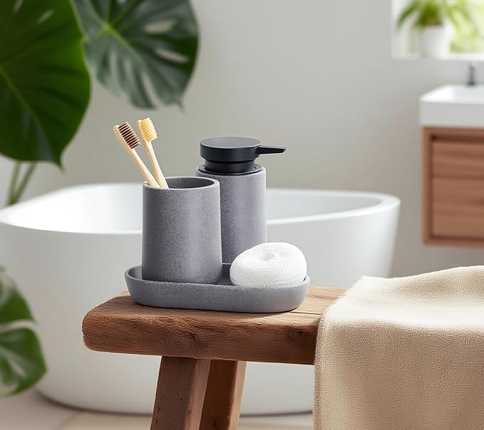 3 Pcs Bathroom Accessories Set, Liquid Soap Dispenser with Large Pump, Toothbrush Holder Cup and Soap Dish, Sandstone Texture Bathroom Counter Set for Modern Home (Gray)