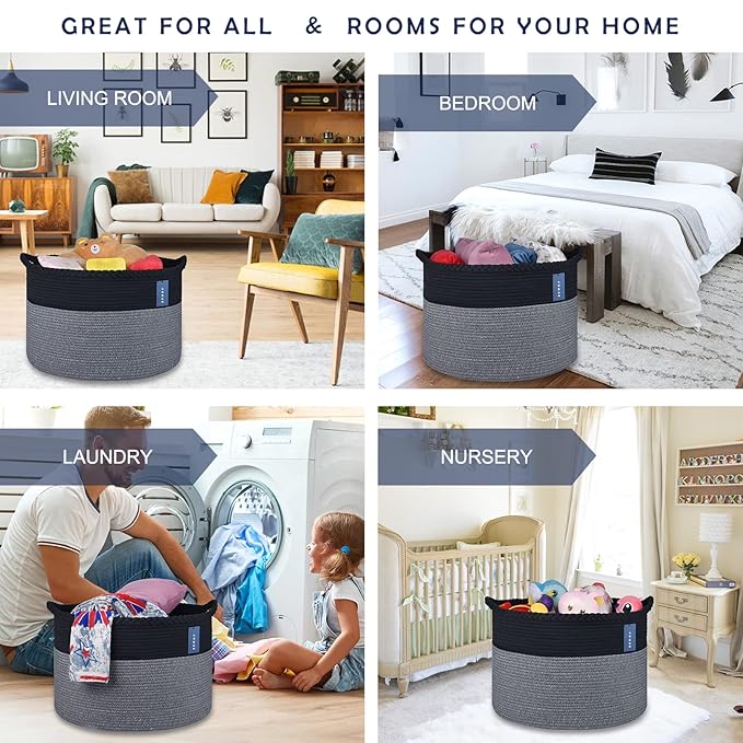 COMSE Extra Large Blanket Basket, Woven Laundry Basket, 21.7âx 13.8â, Nursery Hamper, Cotton Rope Laundry Hamper Living Room for Storage Toys Clothes Towels(Black & Gray)