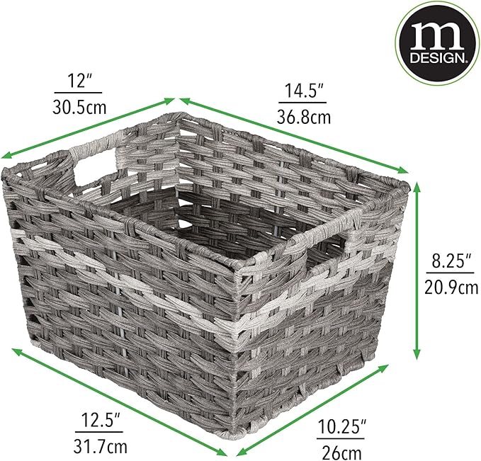 mDesign Wide Rectangular Woven Braided Rope Home Storage Baskets with Handles - for Organizing Closet, Bedroom, Bathroom, Living Room, Entryway, Office - 8.25" High, 2 Pack - Gray