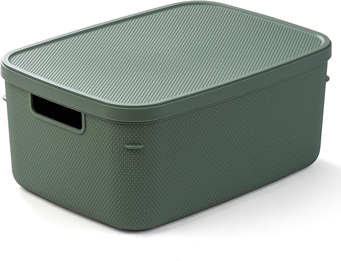 BINO | Plastic Storage Bins with Lids, 13 Liter - 3 Pack, Desert Green | THE TWILL COLLECTION | Plastic Bins for Organization | Woven Storage Baskets for Organizing | Pantry Shelf Organizer Basket Bin