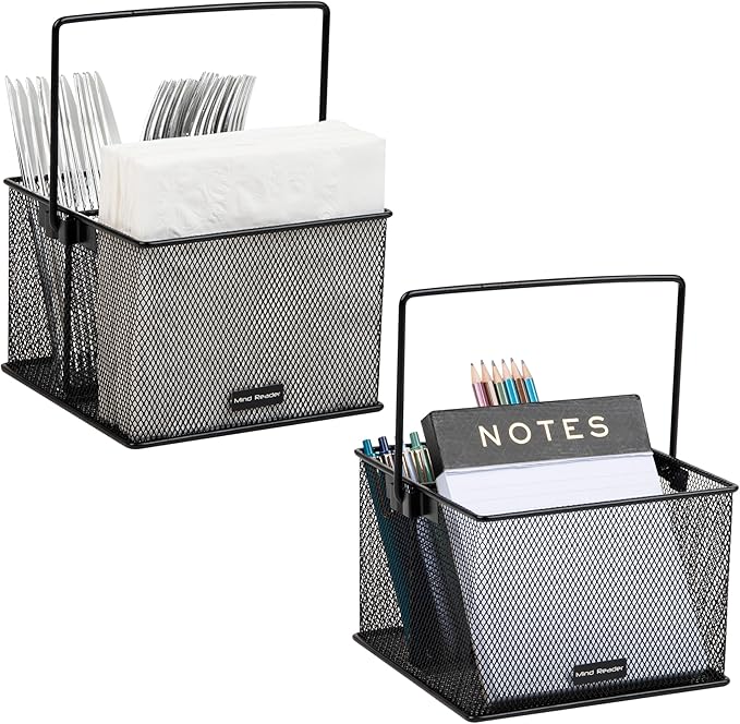 Mind Reader Utensil Holder, Silverware and Napkin Caddy, Outdoor Utensil Organizer, Metal Mesh, 7"L x 7"W x 5"H, Set of 2, Black