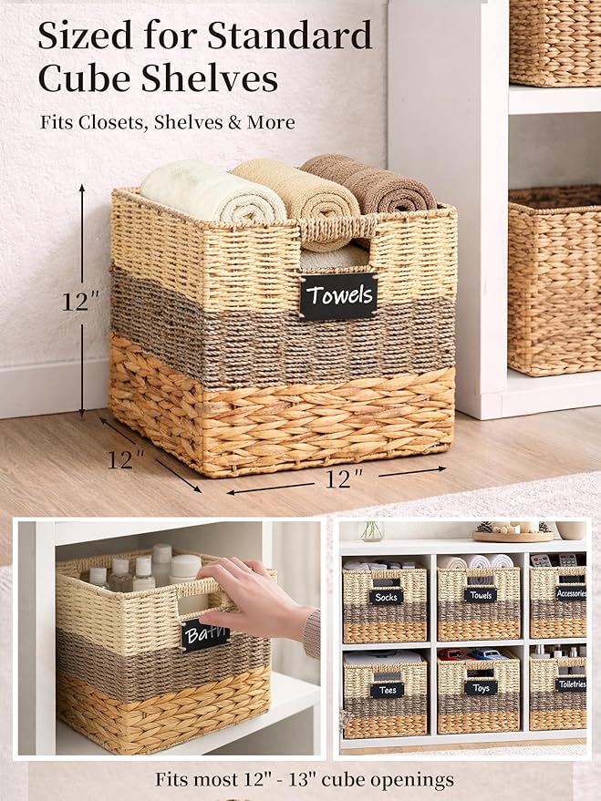 Storage Basket, 12x12x12 Inch Storage Cubes, Water Hyacinth Wicker Basket for Storage, Handmade Woven Baskets for Organizing, Set of 4 Wicker Storage Baskets for Shelves