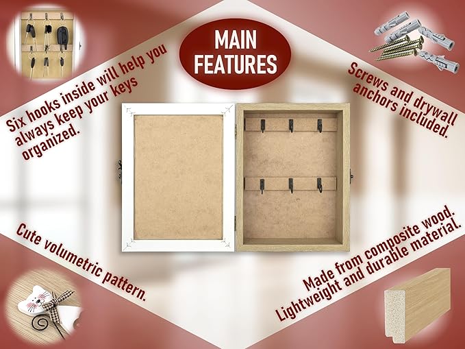 VELISTA Wooden Key Box Wall Mount – Cute and Rustic Decorative Key Cabinet – Premium Cabinet Key Holder with 6-Hooks – Small Key Holder Box - Farmhouse Wall Décor – Vintage Key Rack Cabinet (Oak)