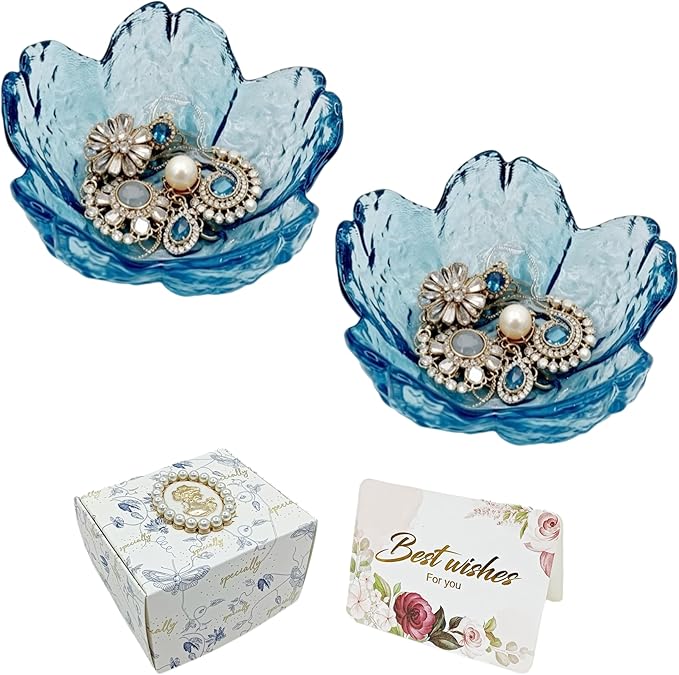 Mini Flower Ring Plate Jewelry Storage Tray Ring Holder for Dressing Table, Bedside Table, Room Bathroom Decoration, Valentine's Day Christmas Birthday Gift for Women (2pcs blue Jewelry Trays)