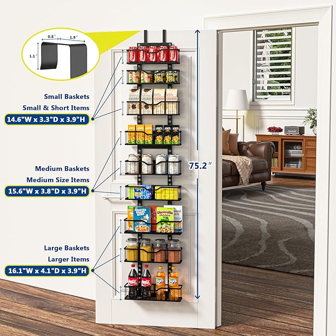 EVERIE 9-Tier Over Door Storage Rack, Metal Hanging Organizer with Bigger Hanging Slots and Heightened Baskets, Kitchen Bathroom Living Room Dining Room Pantry Shelves (Black, 9 Tier)