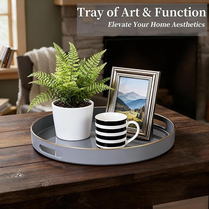 Zosenley Decorative Tray, Round Plastic Tray with Handles, Modern Vanity Tray and Serving Tray for Ottoman, Coffee Table, Kitchen and Bathroom, Size 13â (Gray)