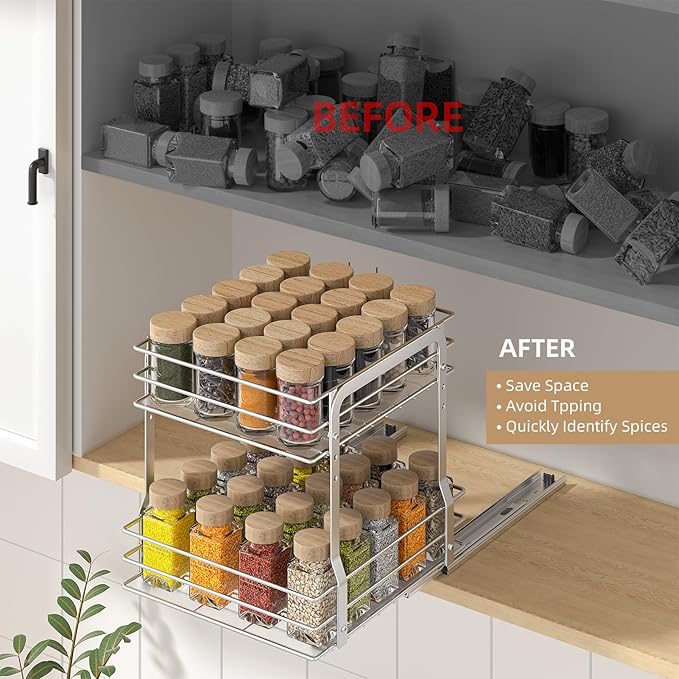 Pull Out Spice Rack Organizer for Inside Cabinet, 2 Tier Metal Spice Organization for Cabinet, Vertical Slide Out Seasoning Organizer, 9.65"W x 10.7"D x 10.24" H (Not for Cabinet with Lip)
