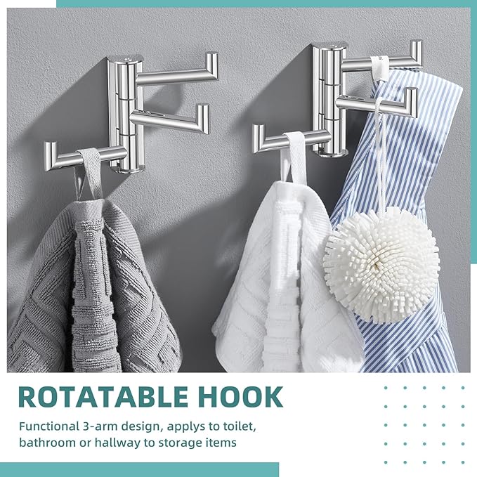 APLusee Polished Chrome Swivel Towel Hook 2 Pack, 304 Stainless Steel Coat Hook with 3 Arms, Wall Mounted