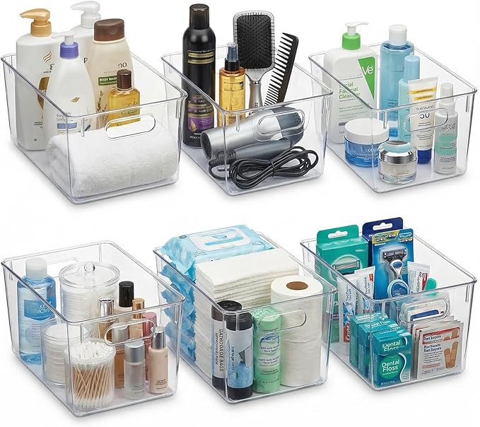 MOONEDGE Open Clear Plastic Storage Bins Stackable Organizer Containers with Handles for Kitchen, Pantry, Fridge, Cabinet, Closet Storage & Home Organization 6 Pack（11 x 8 x 6 in）