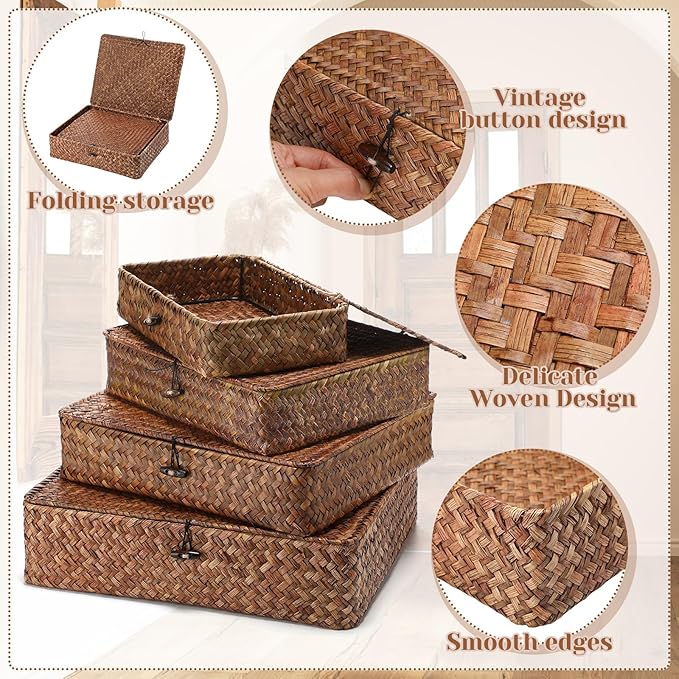 Set of 4 Seagrass Basket with Lid Wicker Storage Basket Decorative Storage Boxes with Lids Flat Storage Bins Woven Organizer Baskets for Shelf Closet Bedroom, 4 Sizes (Dark Brown)