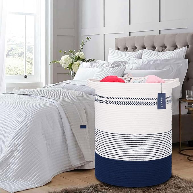 COMSE Extra Large Blanket Basket, Tall Laundry Basket, Nursery Hamper, 15.7âx 21.7â, Cotton Rope Woven Laundry Hamper for Storage Toys Clothes Towels, Navy Blue & White