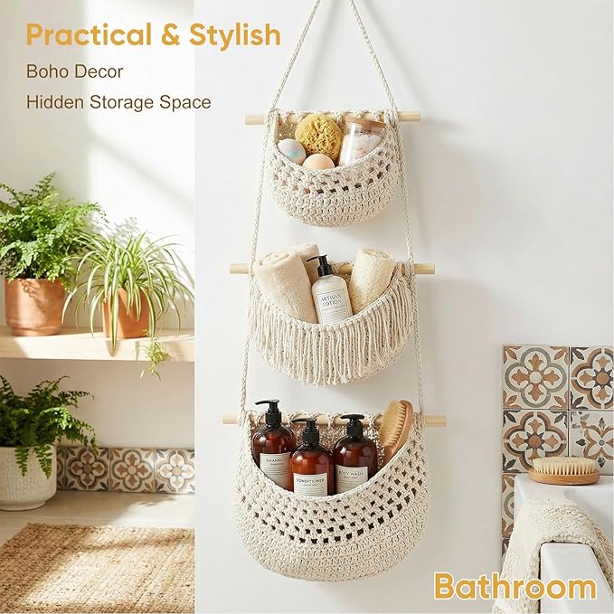 Boho Style Handwoven Rope Hanging Basket - 3-Tier Detachable Storage Organizer for Kitchen/Bathroom/Entryway, 3 Included Heavy-Duty Hooks, 7 Color Options Available (Green&White)