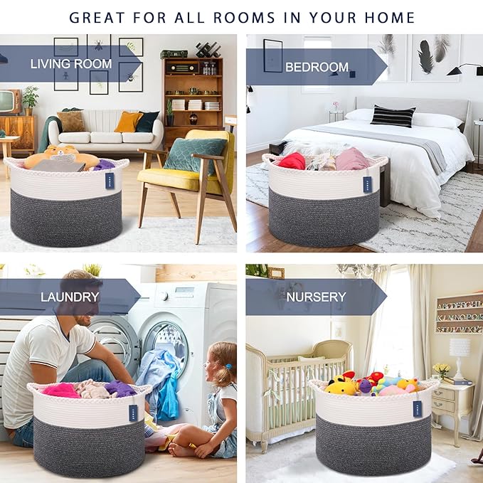 COMSE Extra Large Blanket Basket, Woven Laundry Basket, 21.7âx 13.8â, Nursery Hamper, Cotton Rope Laundry Hamper Living Room for Storage Toys Clothes Towels (White & Black)
