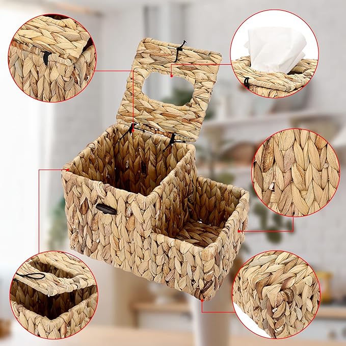 Sumnacon Square Woven Tissue Box Cover - Decorative Cube Wicker Tissue Box Holder with Side Organizer, Rustic Water Hyacinth Tissue Holder for Living Room Vanity Night Stand Table Countertop Office