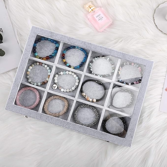 Emibele Jewelry Organizer Bracelet Storage Tray Box, 12 Grids Jewelry Tray with Clear Lid Velvet Jewelry Box for Necklace Bracelets Bangles Display Storage Organizer Box, Grey