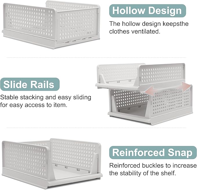 5 Pack Stackable Foldable Storage Baskets - Folding Storage Bins, Multifunctional Closet Organizers for Wardrobe, Cupboard - Space-Saving Clothes Storage Hat Organizer (White, 5L)