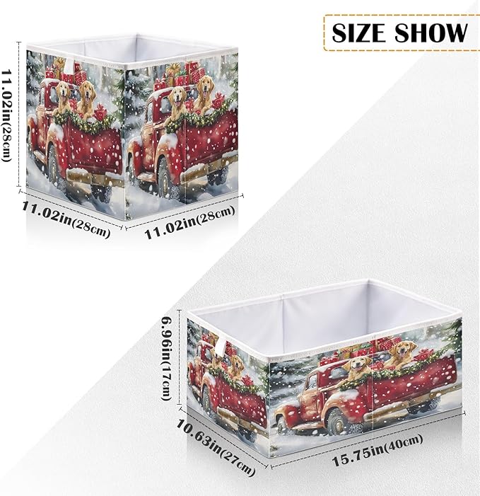Bolaz Christmas Red Truck Two Dog Closet Organizers Storage Cubes Storage Bins Shelf Baskets Containers for Home Room Office,Rectangle