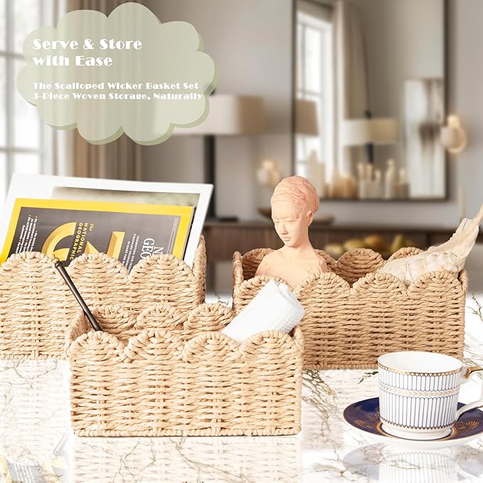 Scalloped Wicker Baskets, Set of 3 Hand-Woven Storage Baskets with Handles - Paper Rope Shelf Organizers & Decorative Baskets for Shelves, Closet, Bathroom (Beigeï¼
