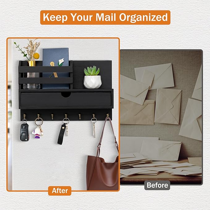 Key and Mail Holder for Wall, Mail Organizer Wall Mount with 6 Hooks and Storage Drawer, Wooden Key Rack Hanger with Shelf for Entryway and Home Decor