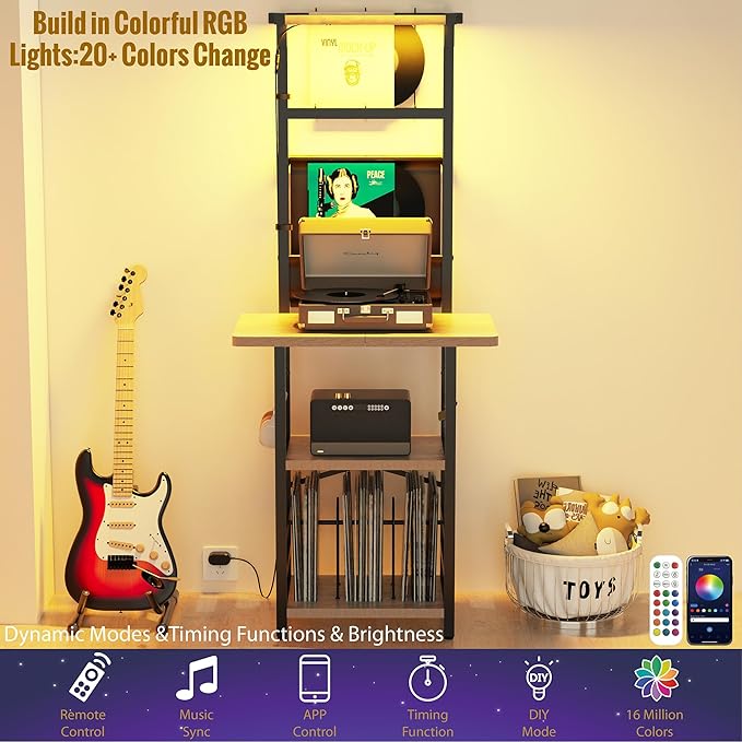 Record Player Stand with Led Light,Record Player Table with Vinyl Storage,Turntable Stand with Record Holder Vinyls Display Shelf for Music Room Studio,Greige