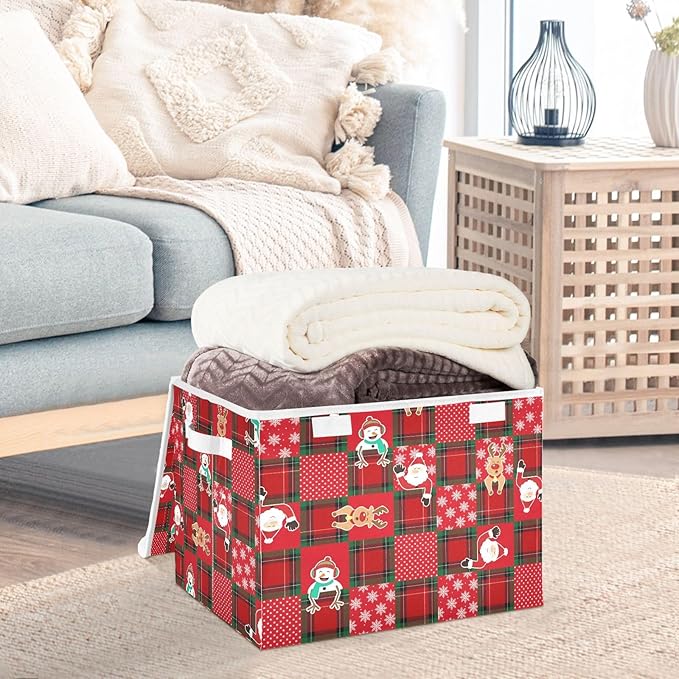 Christmas Baskets Collapsible Storage Bins with Lids, Christmas Snowman Santa Snowflake Storage Boxes Clothes Baskets for Organizing