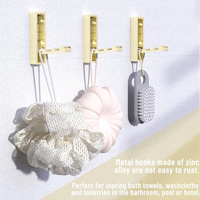 Wall Hooks for Hanging Coat, Heavy Duty Metal Hooks with Folding Storage Foldable Wall Hooks for Entryway Bathroom Kitchen Bags Towels Closet, 4Pcs Gold