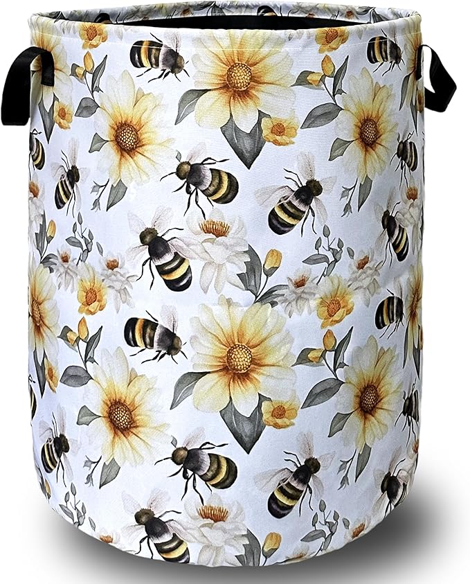Cute Bees Laundry Basket Foldable With Handles Tote Bag Oxford Cloth Yellow Flowers Colorful Laundry Hamper Clothes Storage Bucket Toy Organizer 18.9" x 16.5" For Bathroom/Laundry/Bedroom