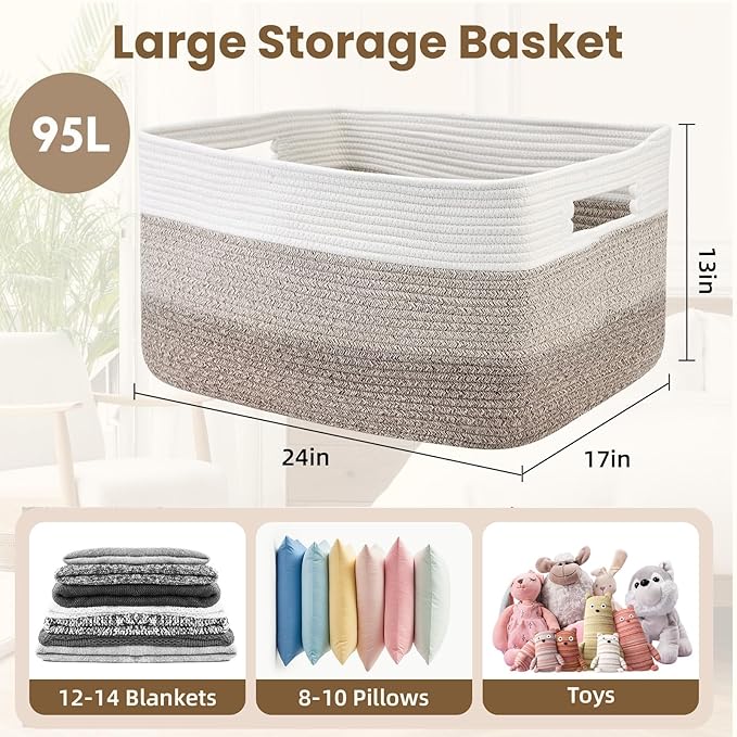 95L Blanket Basket, Large Woven Baskets for Storage, Blanket Storage for Living Room, Rope Basket with Handles for Bedroom, Nursery, Toys, Clothes, 24â x 17â x 13.5â, White & Brown