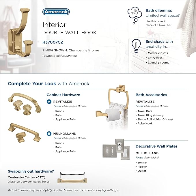 Amerock H37007CZ | Alder Double Prong Decorative Wall Hook | Champagne Bronze Hook for Coats, Hats, Backpacks, Bags | Hooks for Bathroom, Bedroom, Closet, Entryway, Laundry Room, Office