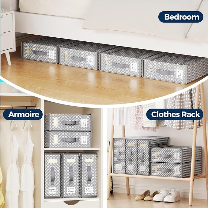Yecaye 6 Pack Bed Sheet Organizers and Storage (King & Queen Size), Foldable Sheet Set Organizer With Clear Window and Label, Bedding Storage Box Container for Blanket, Duvet Cover, Bed Sheet