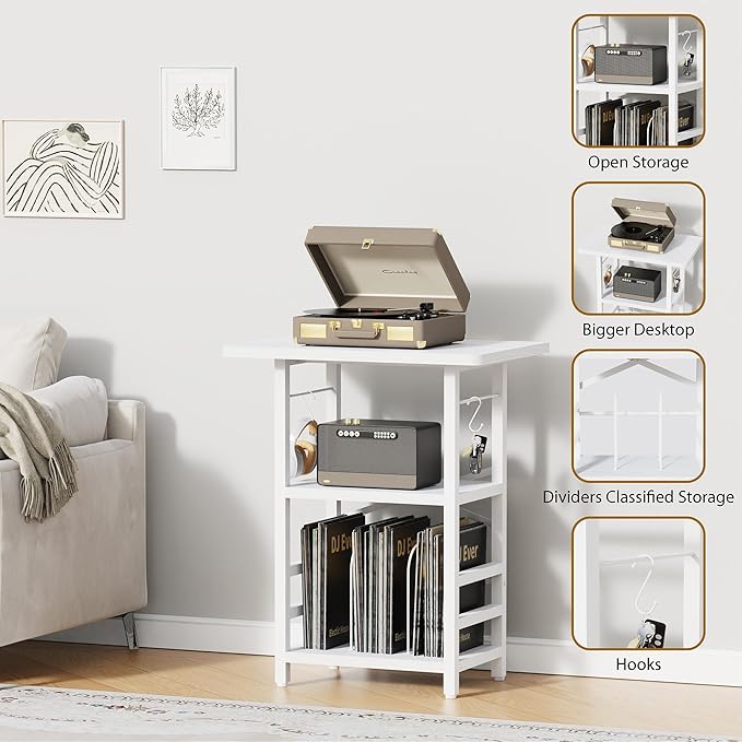 Record Player Stand with Extended Desktop,Large Record Player Table with Vinyl Storage,Turntable Stand with Record Holder Vinyls Display Shelf for Music Room Studio,White