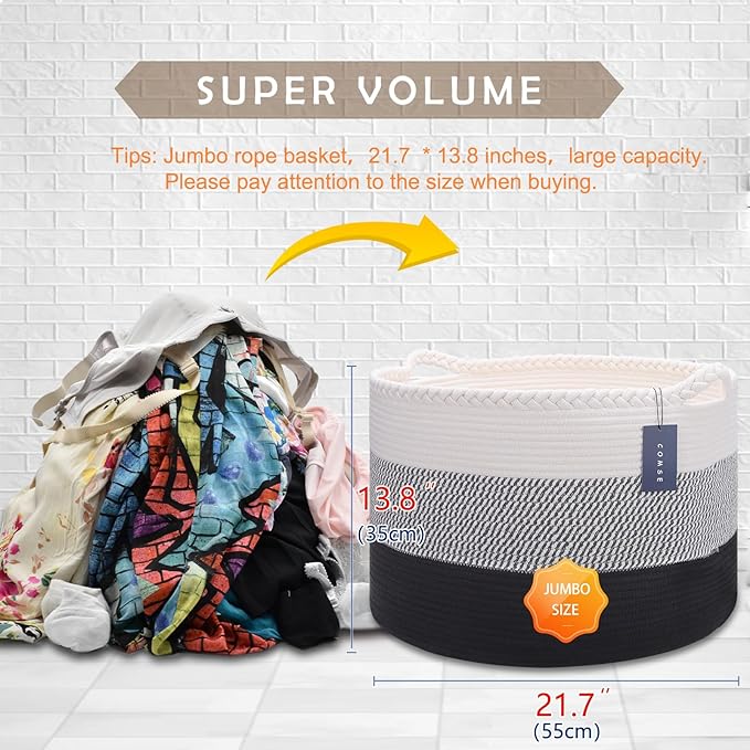 COMSE Extra Large Blanket Basket, Woven Laundry Basket, 21.7âx 13.8â, Nursery Hamper, Cotton Rope Laundry Hamper Living Room for Storage Toys Clothes Towels (White &Gray &Black)