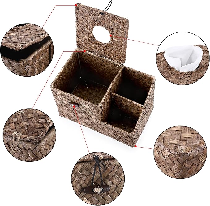 Sumnacon Square Woven Tissue Box Cover - Decorative Cube Tissue Box Holder with Side Organizer, Rustic Seagrass Tissue Box for Living Room Vanity Night Stand Table Countertop Office,Coffee