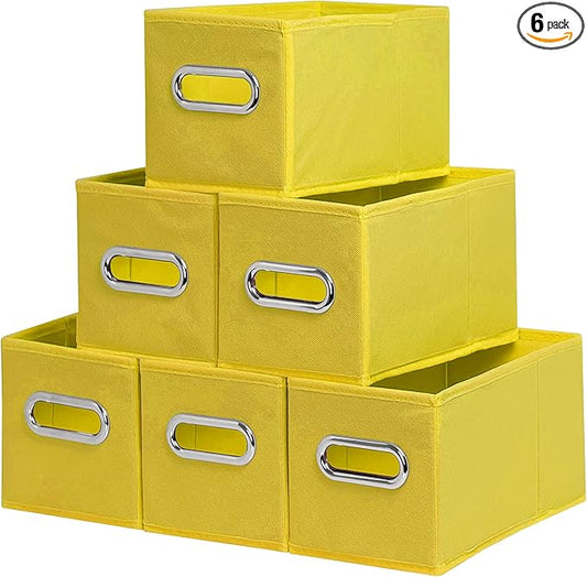 Narrow Storage Baskets for Shelves – Fabric Closet Organizers and Collapsible Storage Bins with Metal Handles – Space-Saving Baskets for Clothes, Towels, 5.9 x 11.8 x 5.9 inch (Yellow)