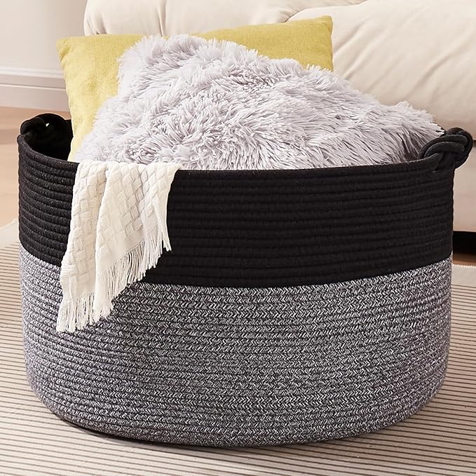 Large Blanket Storage Basket for Living Room, 22.8" x 22.8" x 13" Woven Cotton Rope Basket with Handles, Baby Toy Storage, Laundry Hamper for Clothes, Pillows, Towels-Black and Grey