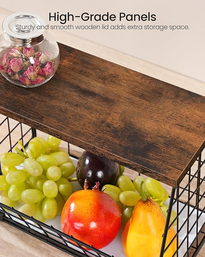 2-Tier Fruit Basket for Kitchen, Stackable wire basket with Wooden Lid, Hanging Basket with 4 Banana Hanger Hooks, for Snack, Fruit, Vegetable Storage, Rustic Brown and Black TCW04P2BF