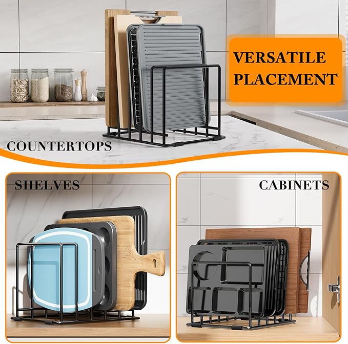 Baking Sheet Organizer Rack â 5-Slot Bakeware & Cookie Tray Holder for Kitchen Cabinet or Countertop, Stainless Steel Cutting Board Rack with Rust-Resistant Frame & Anti-Slip Feet