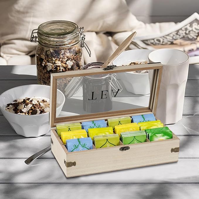 handrong Tea Box,Wood Tea Organizer and Storage,12 Compartments Teas Bag Holder Organizer with Clear Window for Countertop Kitchen Cabinet Pantry (Smoky)