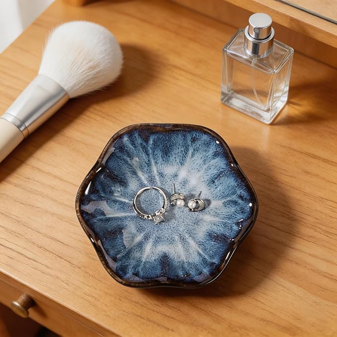 Blue Lotus Leaf Shape Ring Jewelry Dish Holder,Small Trinket Jewelry Tray,Decorative Jewelry Plate Bowl,Key Bowl,Birthday Engegament Gifts for Women Friends,Ceramic